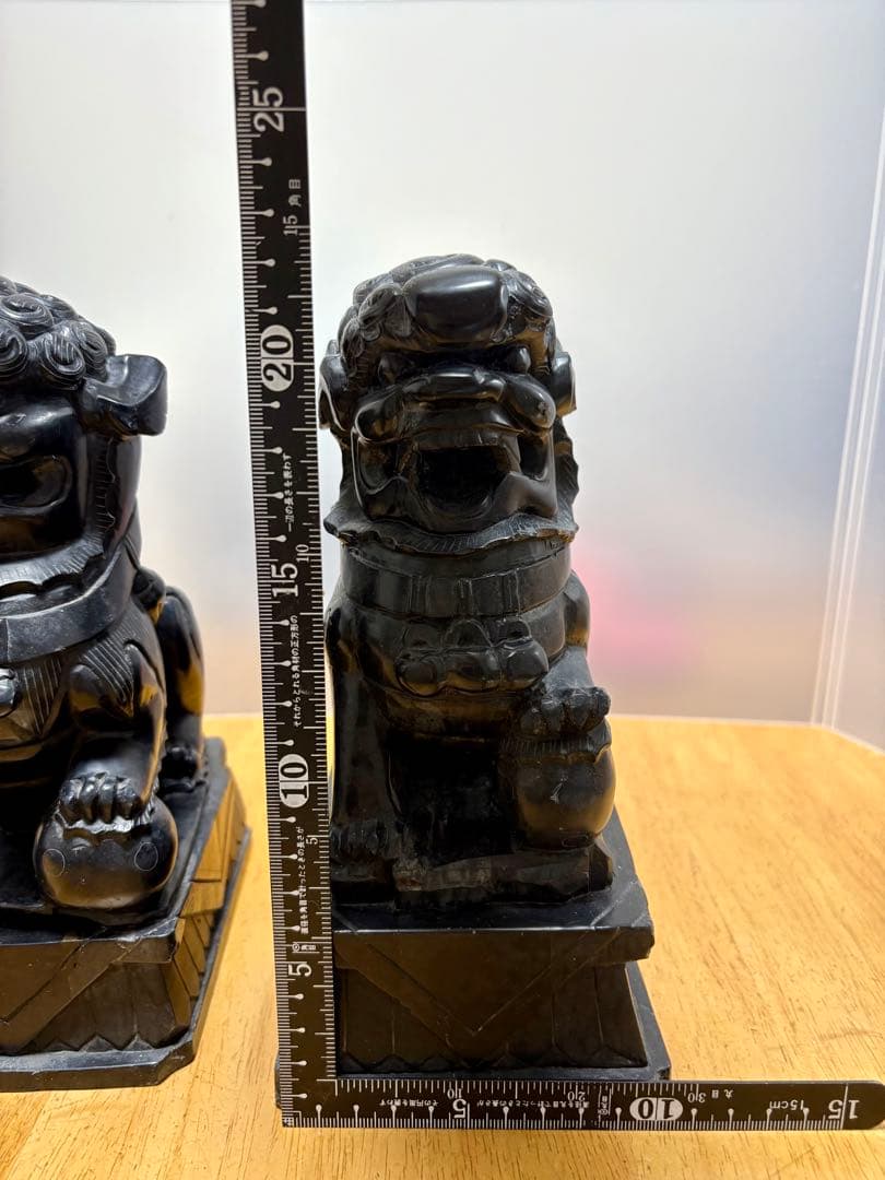 希少 那智黒石 狛犬 一対 高さ約23cm 石彫り 置物 縁起物 玄関飾り