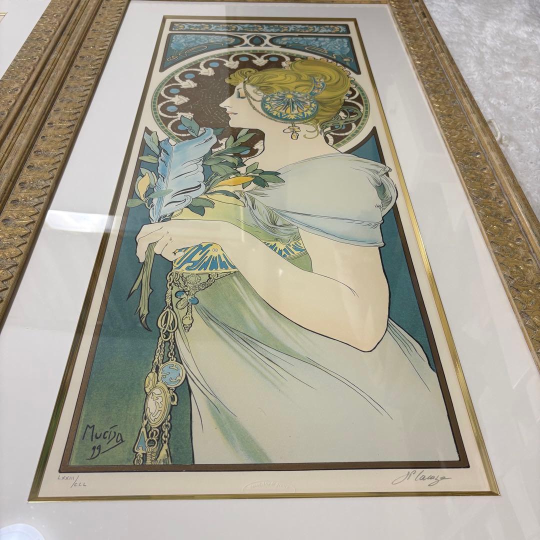 【大型作品】アルフォンス ミュシャ リトグラフ 真作 2点 桜草 羽根