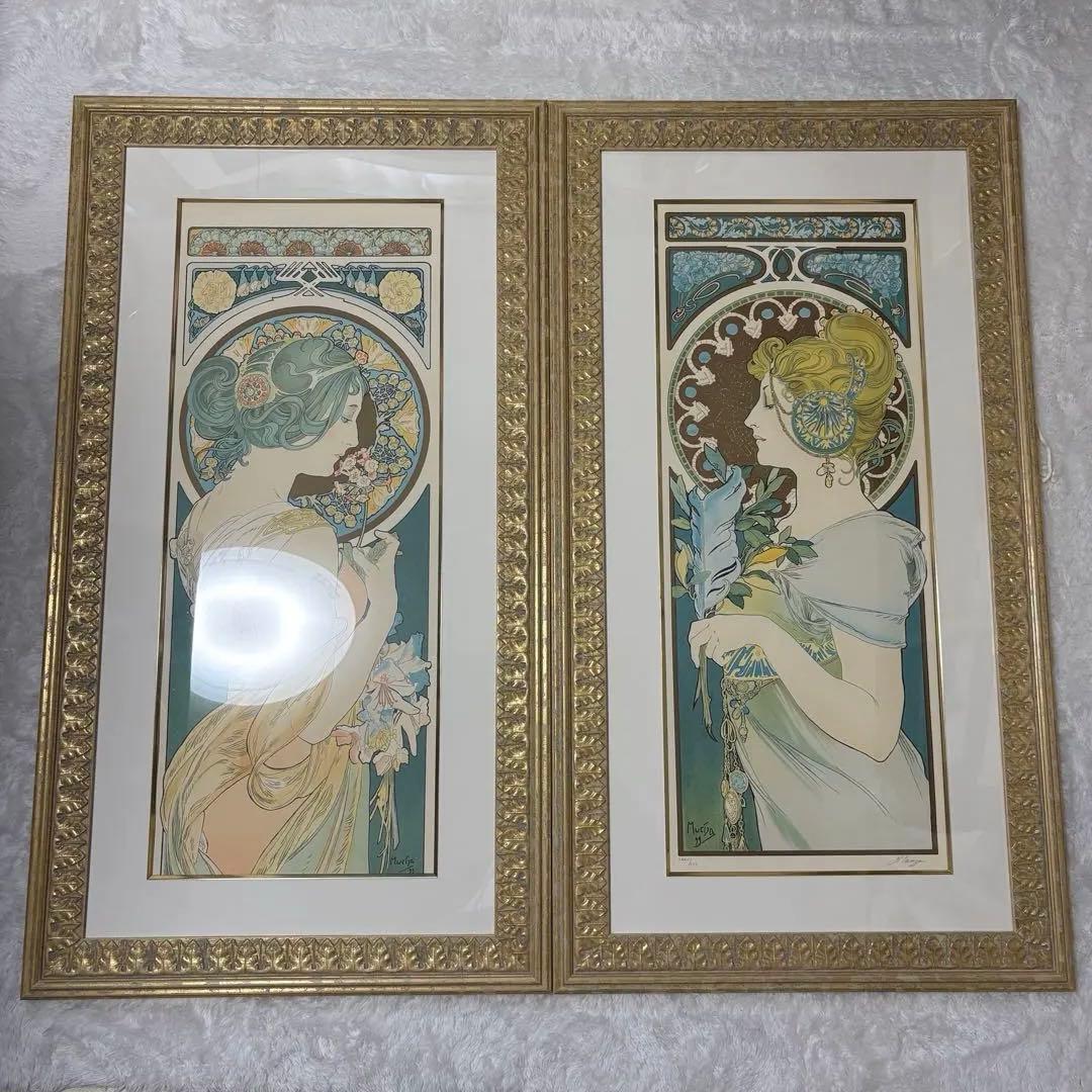 【大型作品】アルフォンス ミュシャ リトグラフ 真作 2点 桜草 羽根