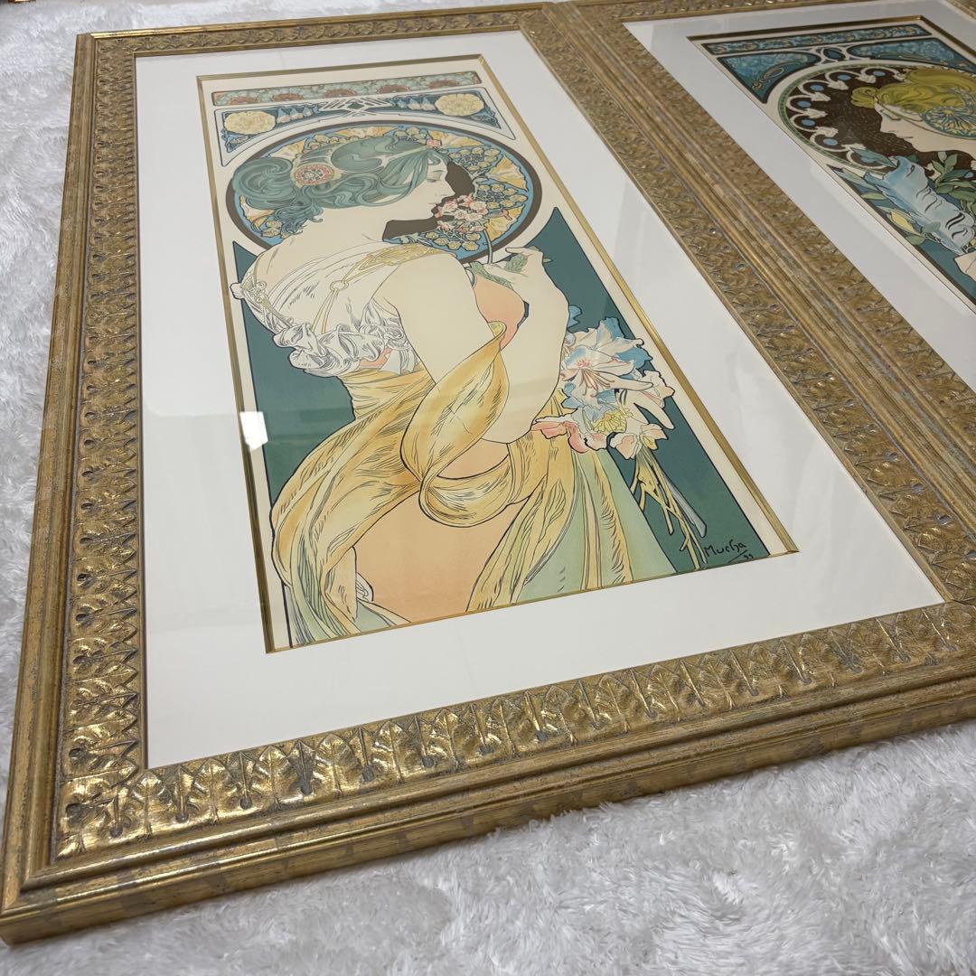 【大型作品】アルフォンス ミュシャ リトグラフ 真作 2点 桜草 羽根