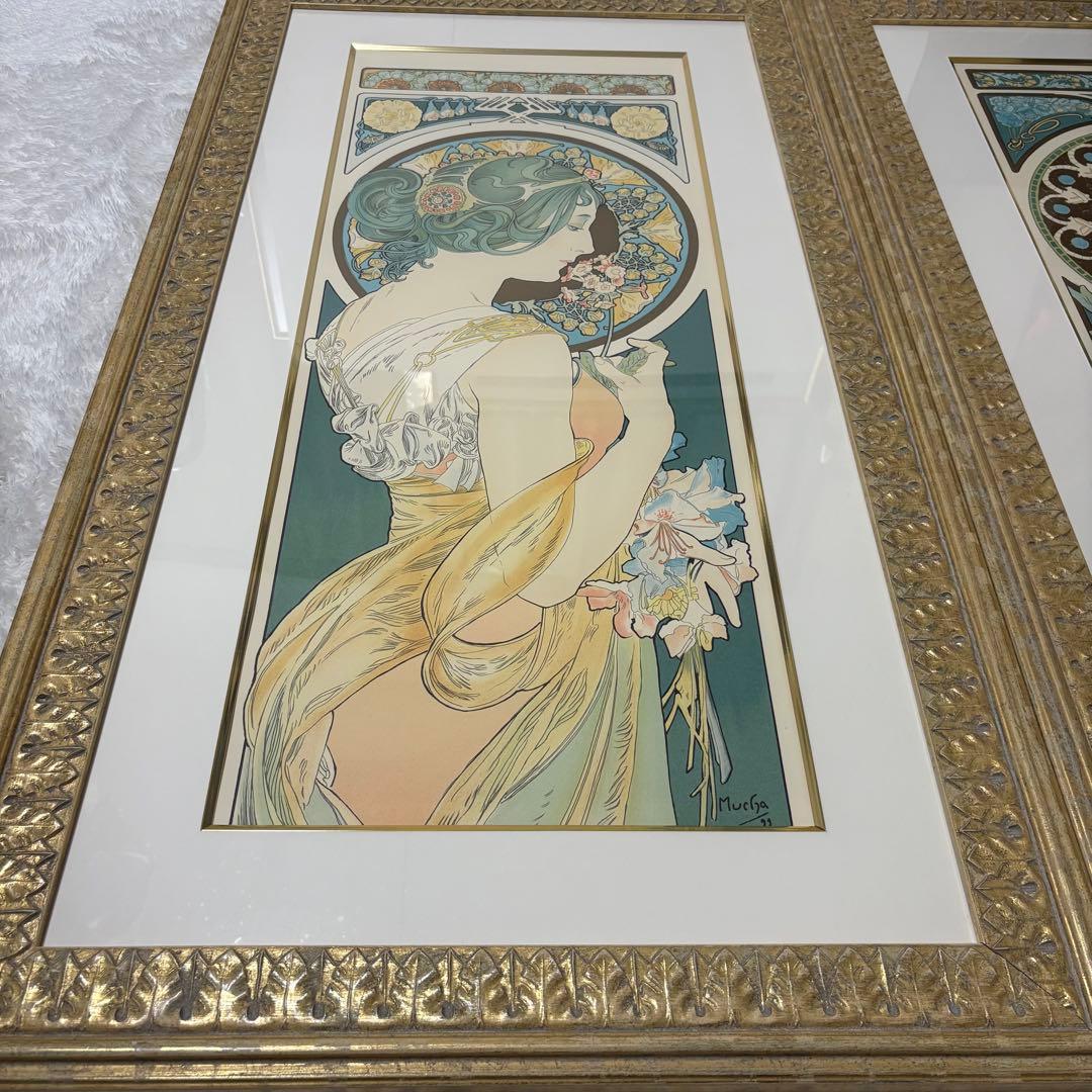 【大型作品】アルフォンス ミュシャ リトグラフ 真作 2点 桜草 羽根