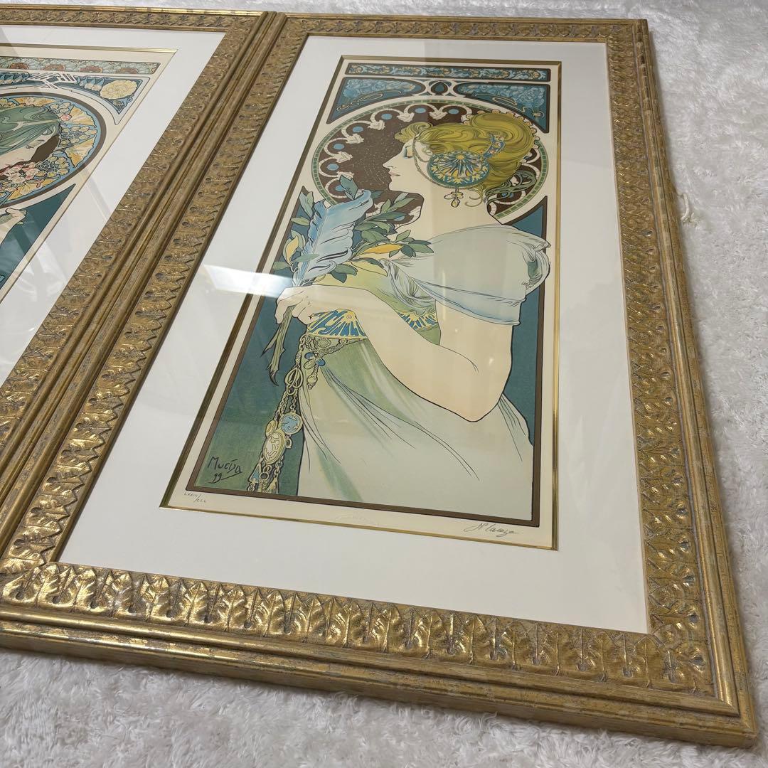 【大型作品】アルフォンス ミュシャ リトグラフ 真作 2点 桜草 羽根