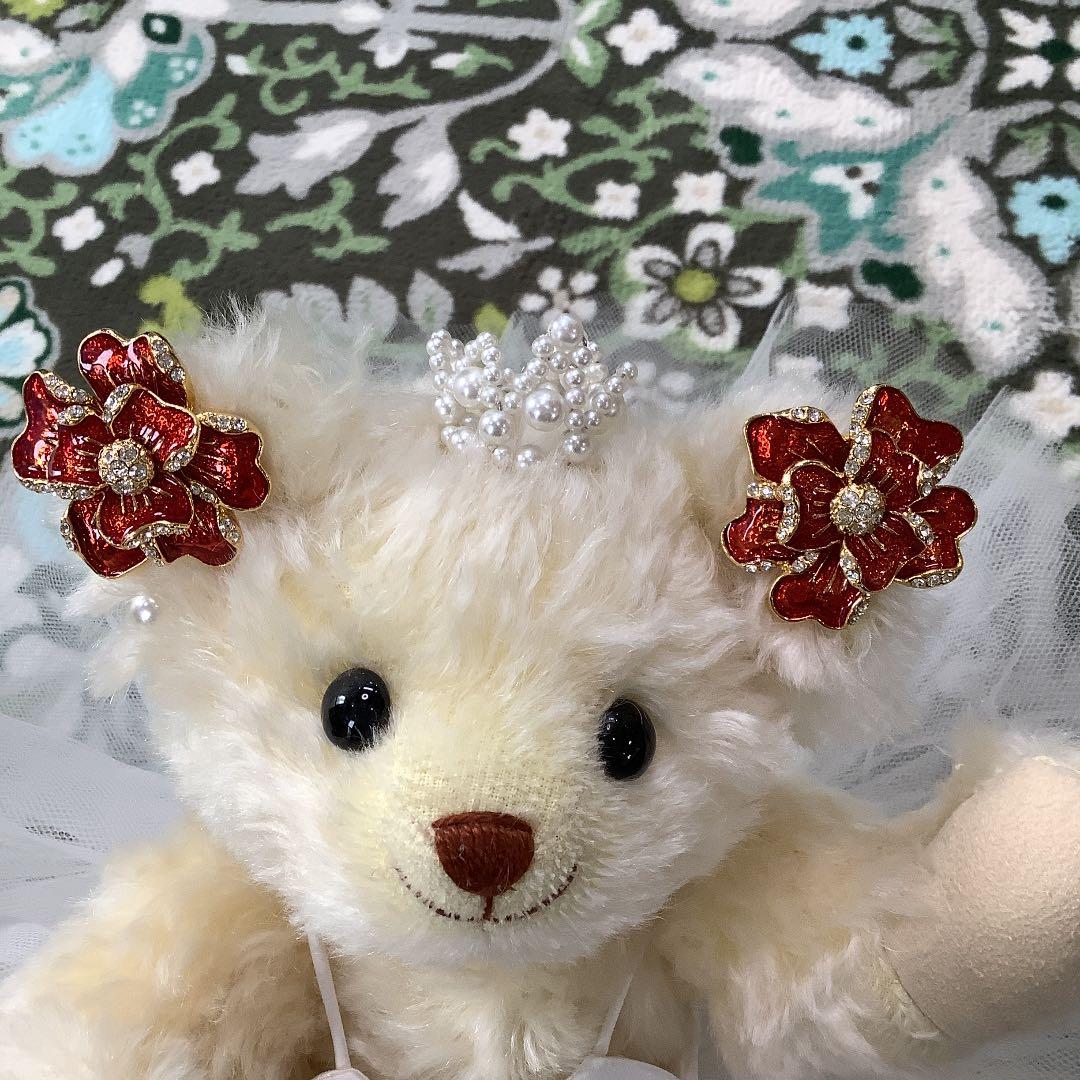 超美品！大ぶり花柄イヤリング (レッド系)