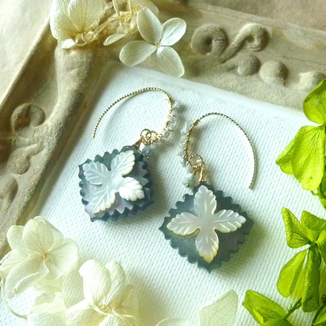 オニキス×MOP×ブラックMOPとダイヤモンドのハワイアンキルトピアス14kgf