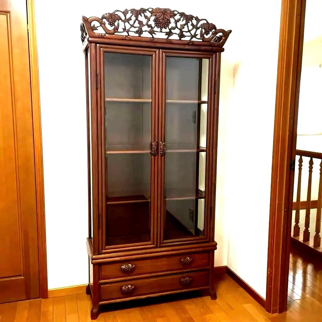 【極美品】アンティーク 三越購入 唐木家具 葡萄唐草透彫 飾り棚 キュリオケース