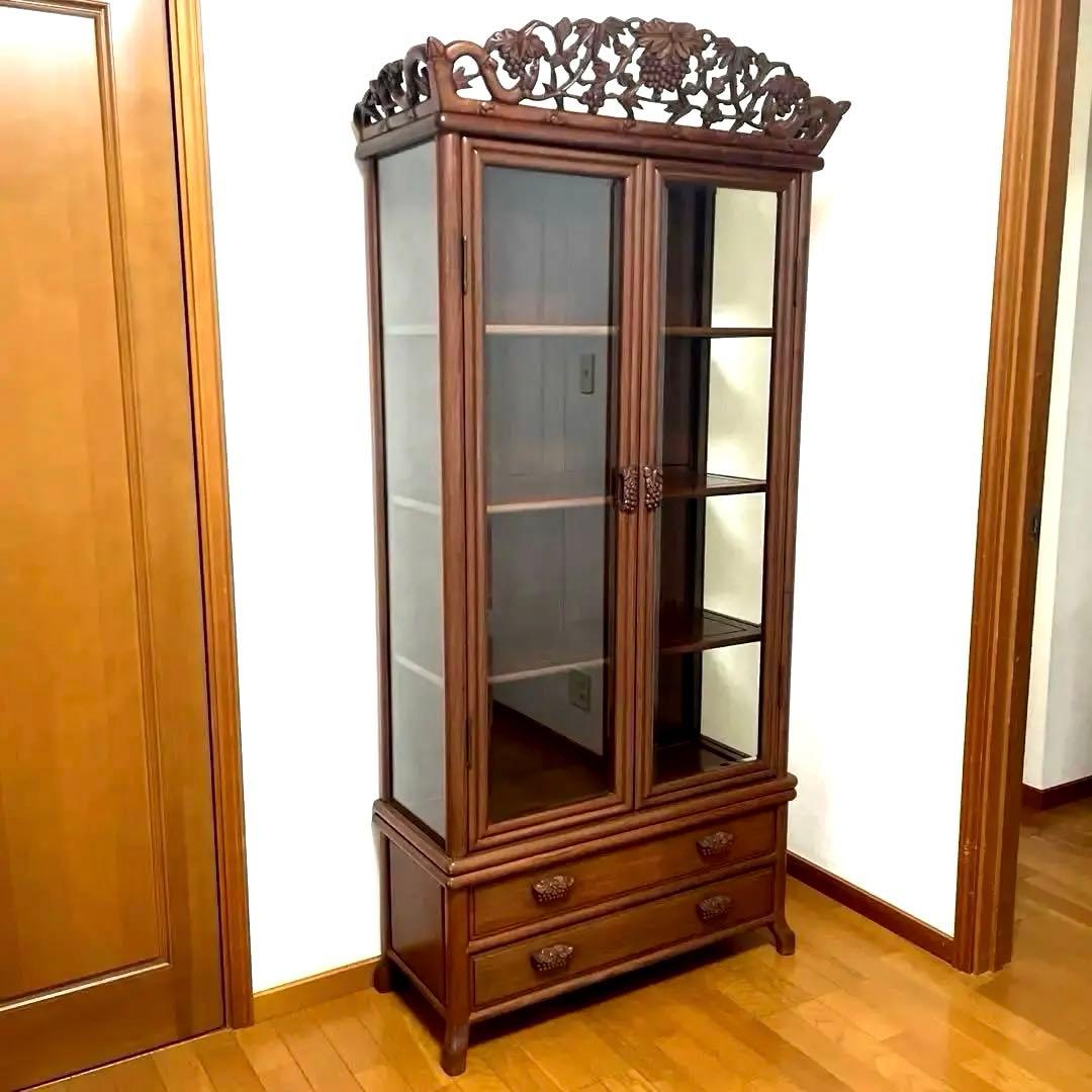 【極美品】アンティーク 三越購入 唐木家具 葡萄唐草透彫 飾り棚 キュリオケース