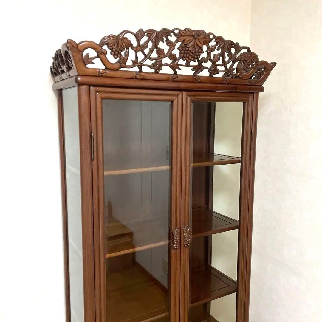 【極美品】アンティーク 三越購入 唐木家具 葡萄唐草透彫 飾り棚 キュリオケース