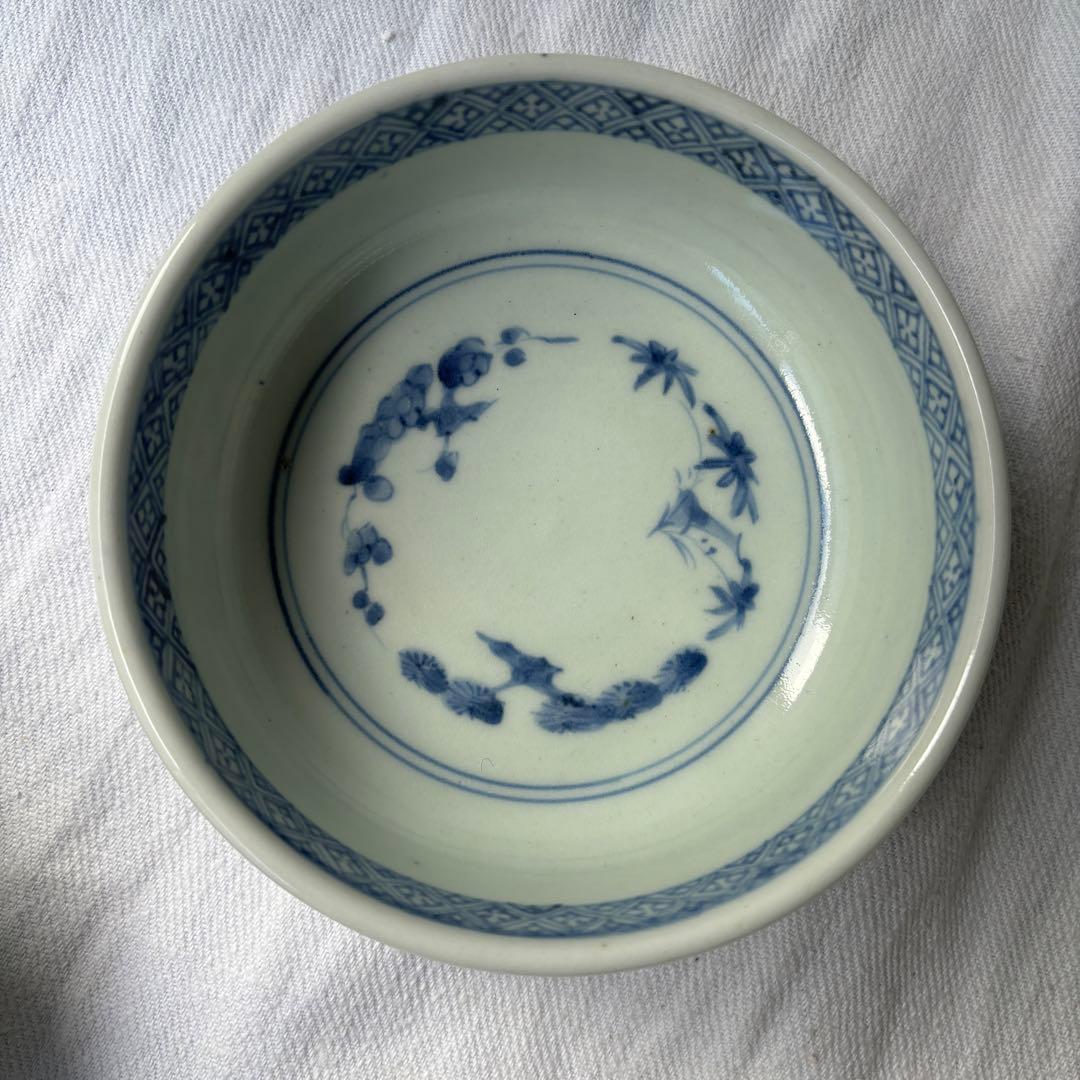 SALE!時代　染付古伊万里手毬獅子　使いやすい深めの中皿7客（骨董古美術器