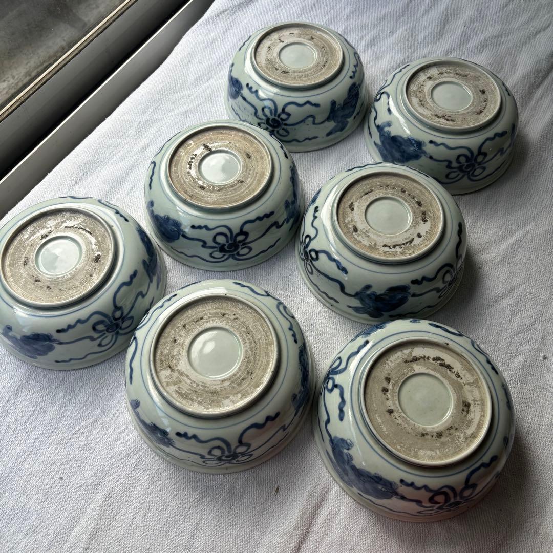 SALE!時代　染付古伊万里手毬獅子　使いやすい深めの中皿7客（骨董古美術器