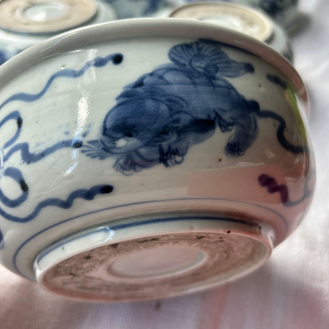 SALE!時代　染付古伊万里手毬獅子　使いやすい深めの中皿7客（骨董古美術器