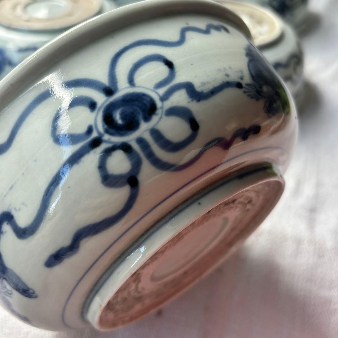 SALE!時代　染付古伊万里手毬獅子　使いやすい深めの中皿7客（骨董古美術器