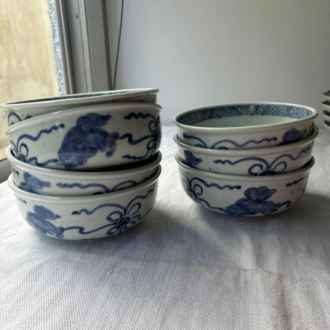 SALE!時代　染付古伊万里手毬獅子　使いやすい深めの中皿7客（骨董古美術器