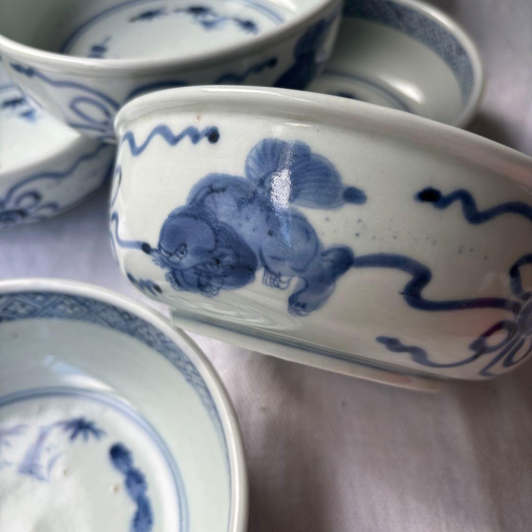 SALE!時代　染付古伊万里手毬獅子　使いやすい深めの中皿7客（骨董古美術器