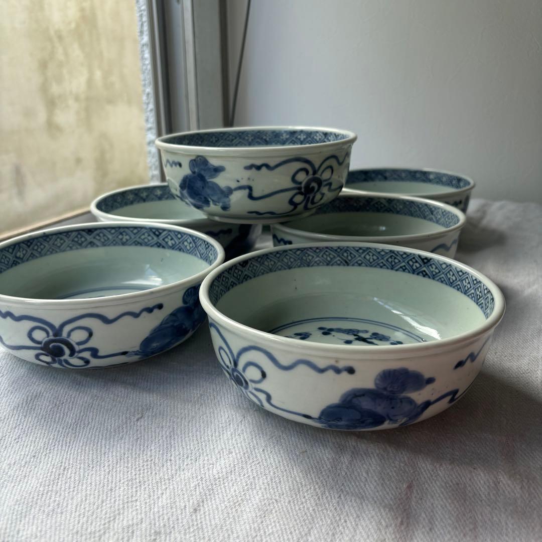 SALE!時代　染付古伊万里手毬獅子　使いやすい深めの中皿7客（骨董古美術器