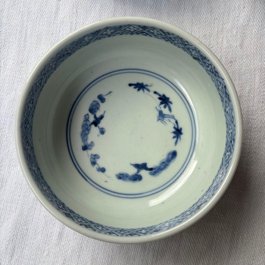 SALE!時代　染付古伊万里手毬獅子　使いやすい深めの中皿7客（骨董古美術器