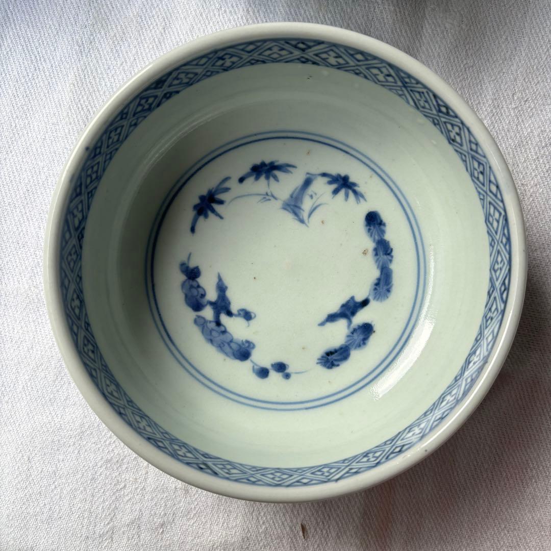 SALE!時代　染付古伊万里手毬獅子　使いやすい深めの中皿7客（骨董古美術器
