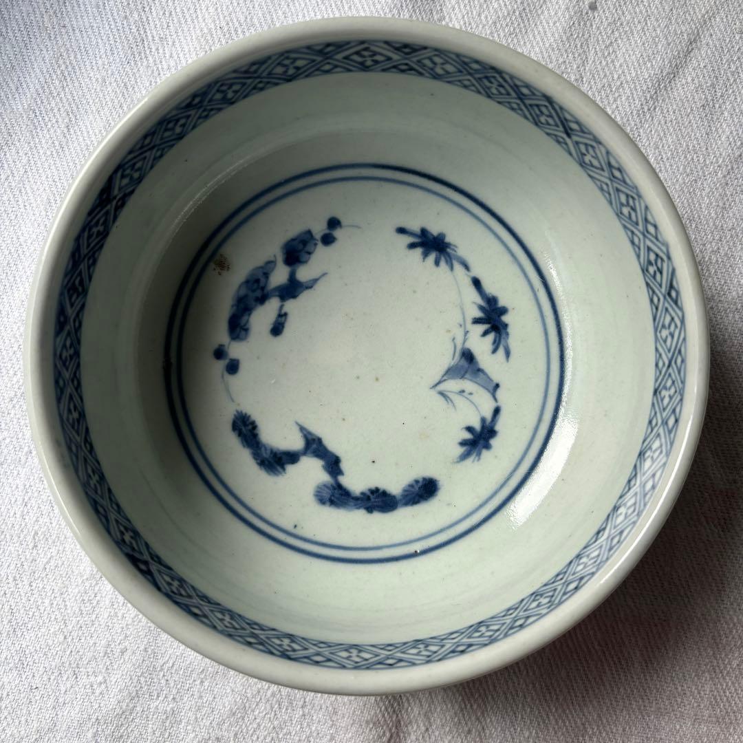 SALE!時代　染付古伊万里手毬獅子　使いやすい深めの中皿7客（骨董古美術器