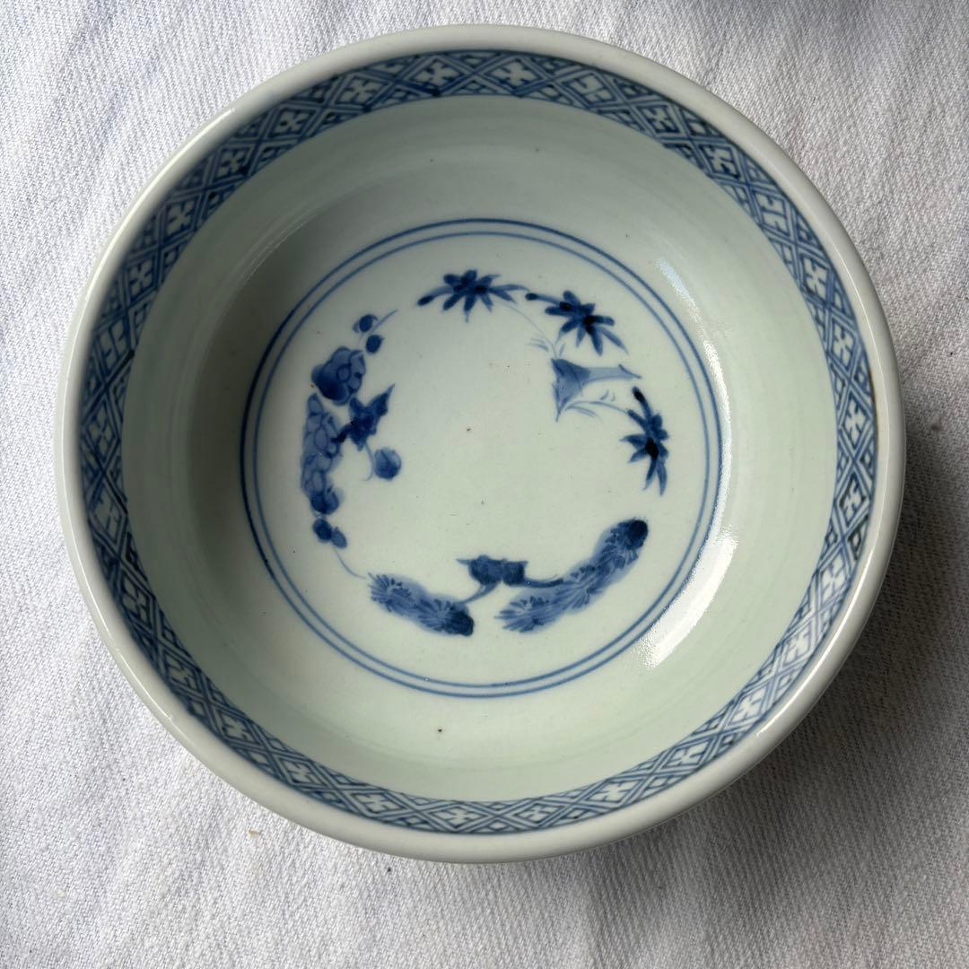 SALE!時代　染付古伊万里手毬獅子　使いやすい深めの中皿7客（骨董古美術器