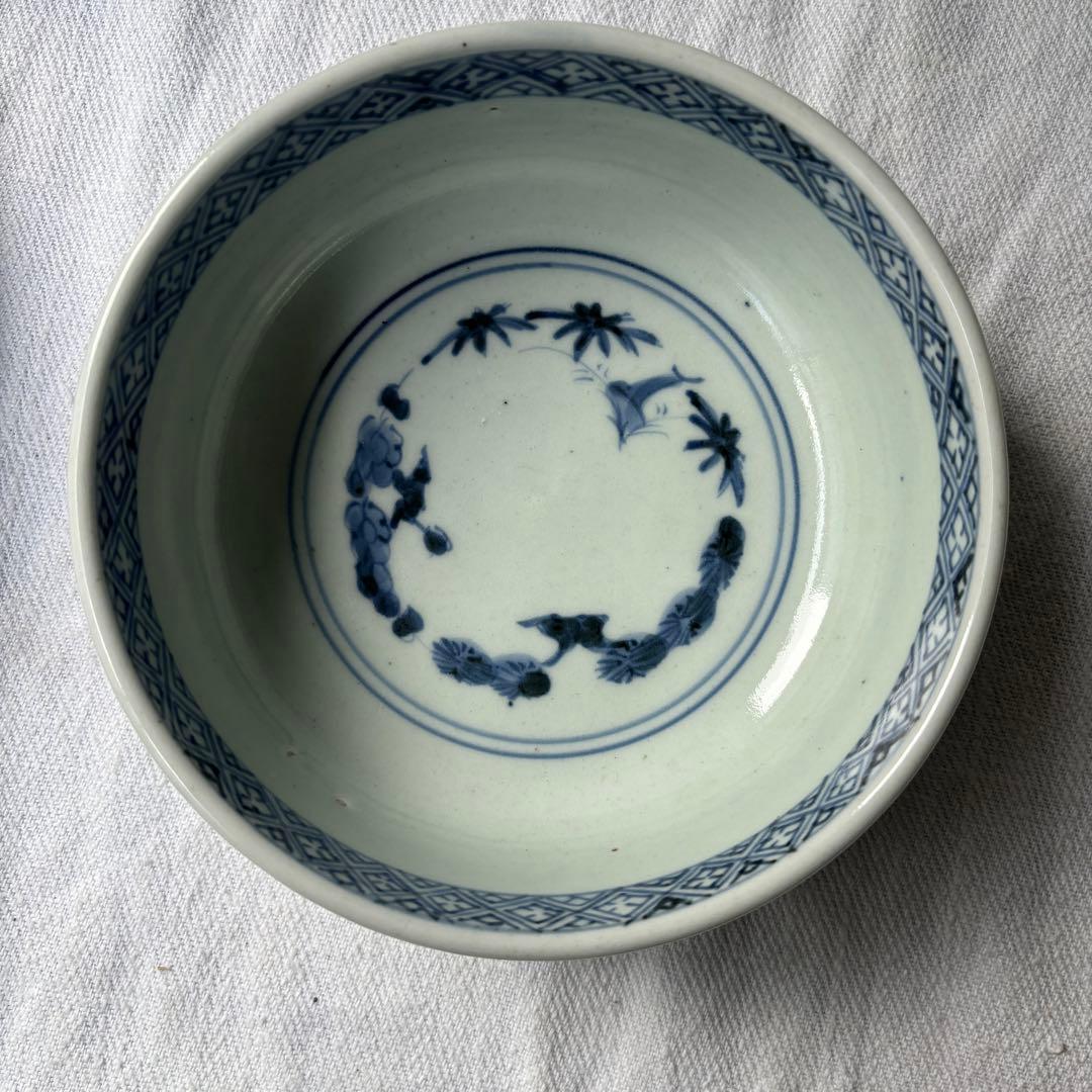 SALE!時代　染付古伊万里手毬獅子　使いやすい深めの中皿7客（骨董古美術器