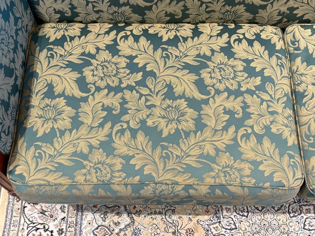 ②クラシック 3人掛けソファ 3Pソファ 花柄 グリーン ビンテージ nY