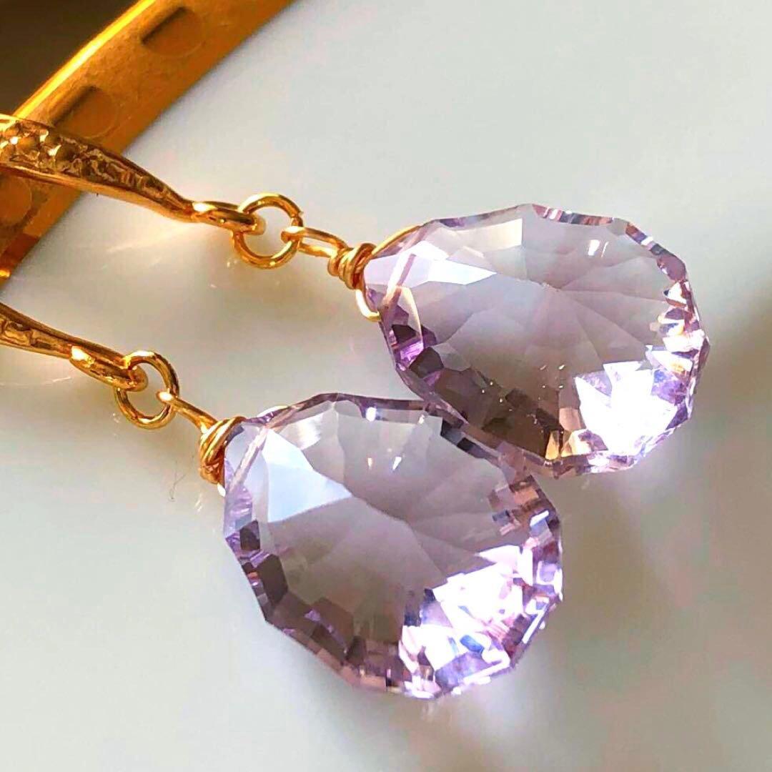 Ruby様 天然石☆極上ピンクアメジストソレイユコンケーブのピアス14kgf