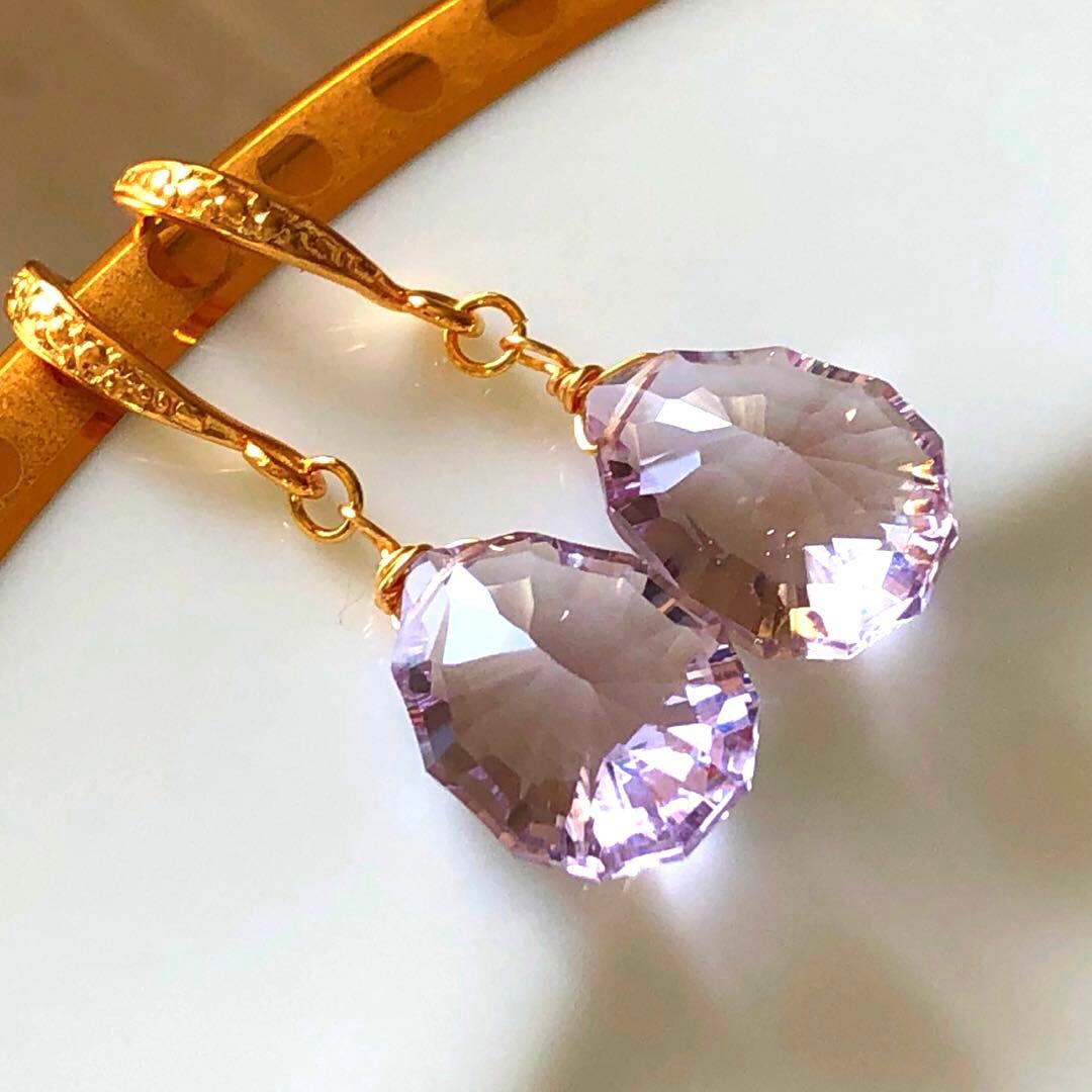 Ruby様 天然石☆極上ピンクアメジストソレイユコンケーブのピアス14kgf