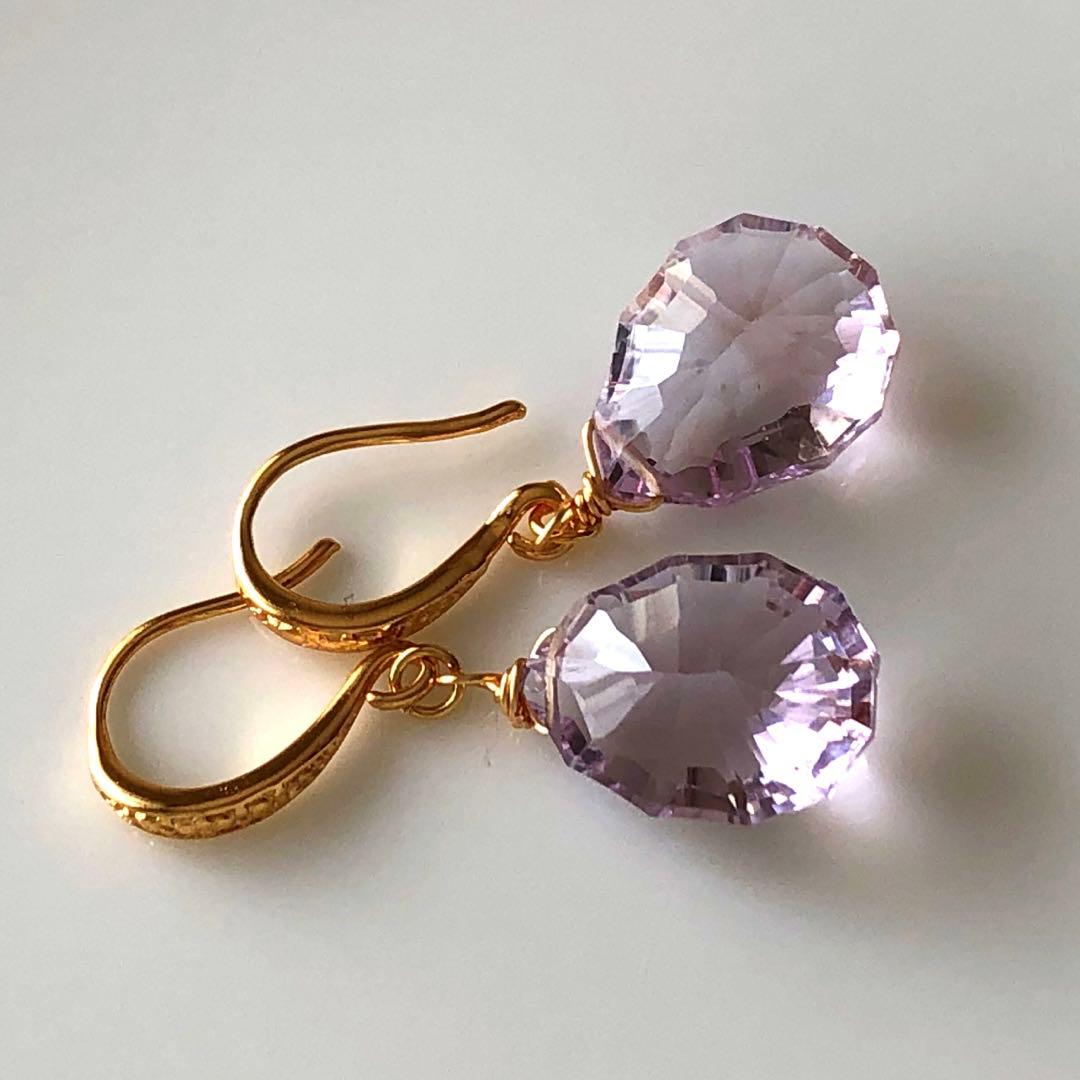 Ruby様 天然石☆極上ピンクアメジストソレイユコンケーブのピアス14kgf