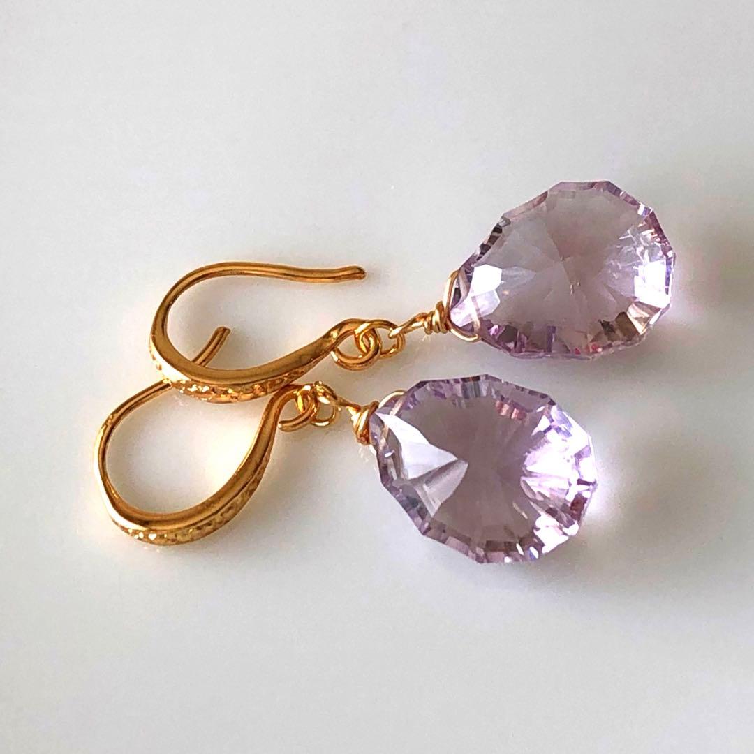 Ruby様 天然石☆極上ピンクアメジストソレイユコンケーブのピアス14kgf