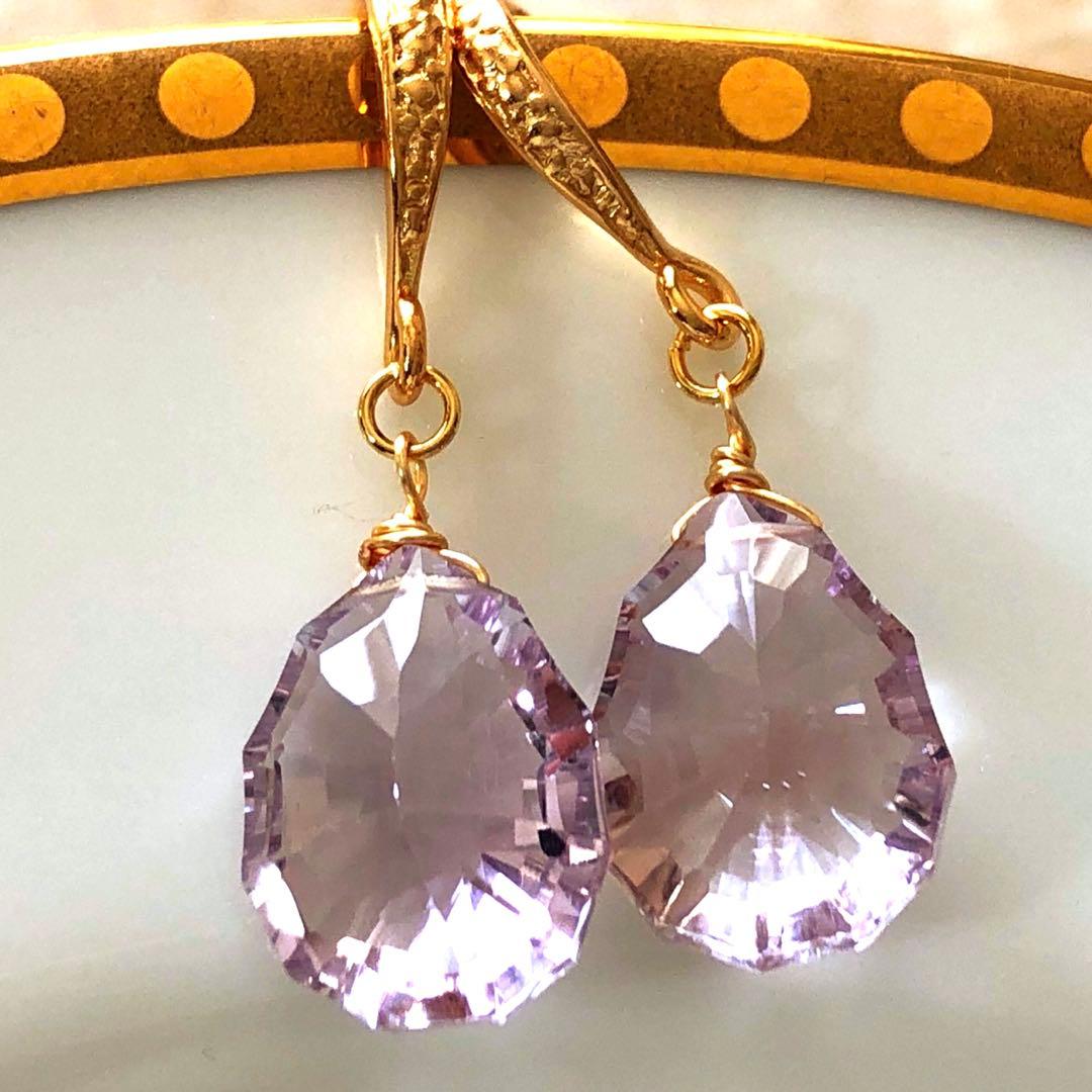 Ruby様 天然石☆極上ピンクアメジストソレイユコンケーブのピアス14kgf