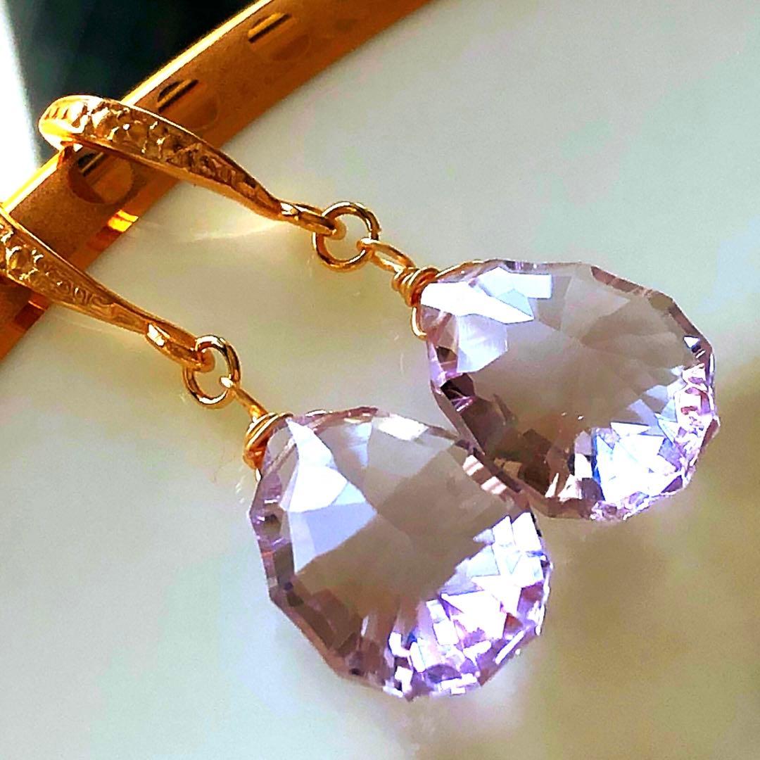 Ruby様 天然石☆極上ピンクアメジストソレイユコンケーブのピアス14kgf