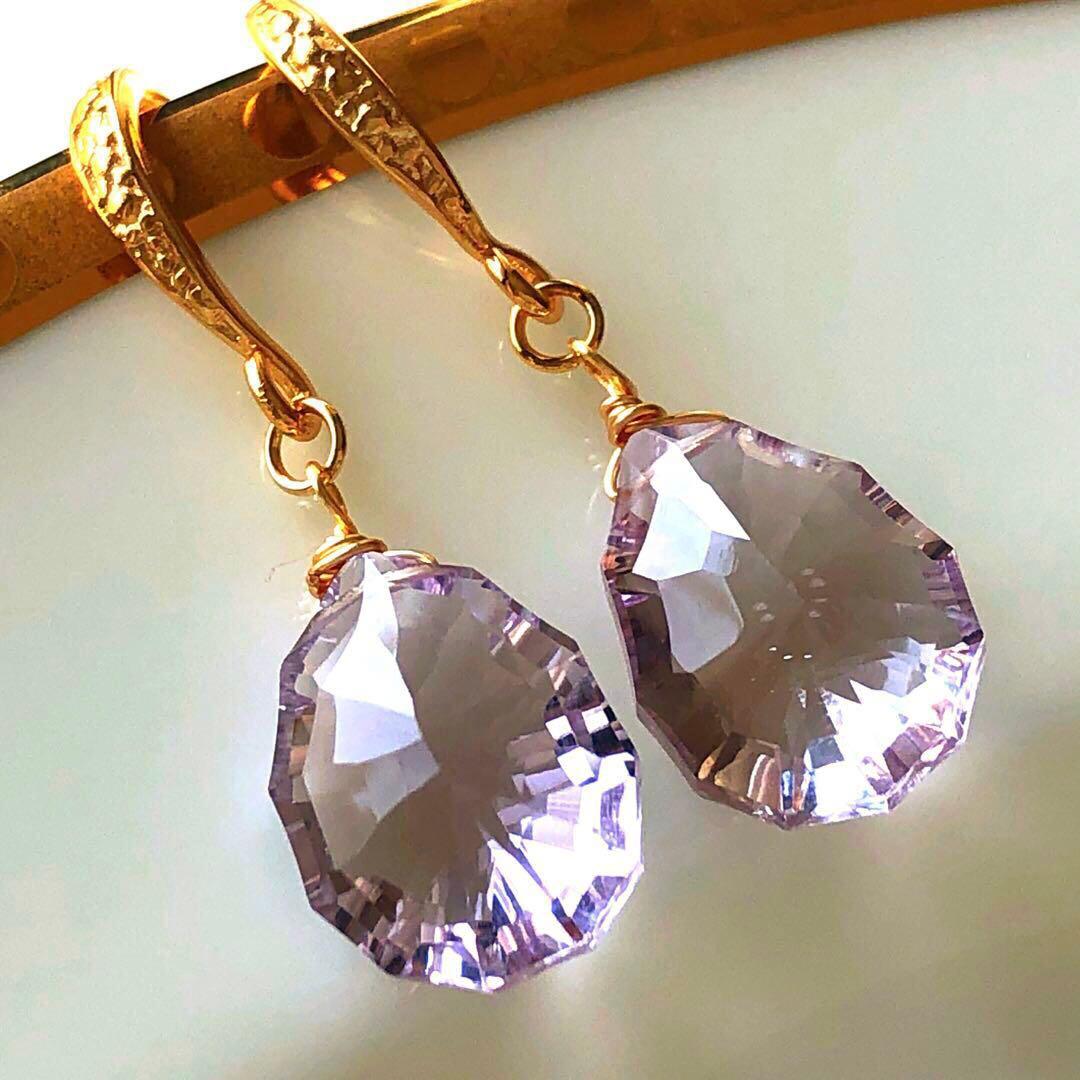 Ruby様 天然石☆極上ピンクアメジストソレイユコンケーブのピアス14kgf