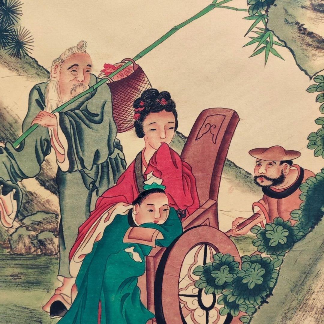 四尺 中堂掛け軸 李公麟 人物画 中国古画 宣紙 表装済み 証明書付き