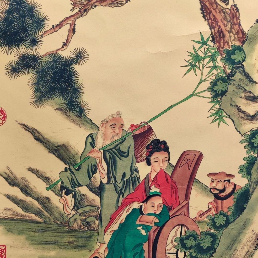 四尺 中堂掛け軸 李公麟 人物画 中国古画 宣紙 表装済み 証明書付き