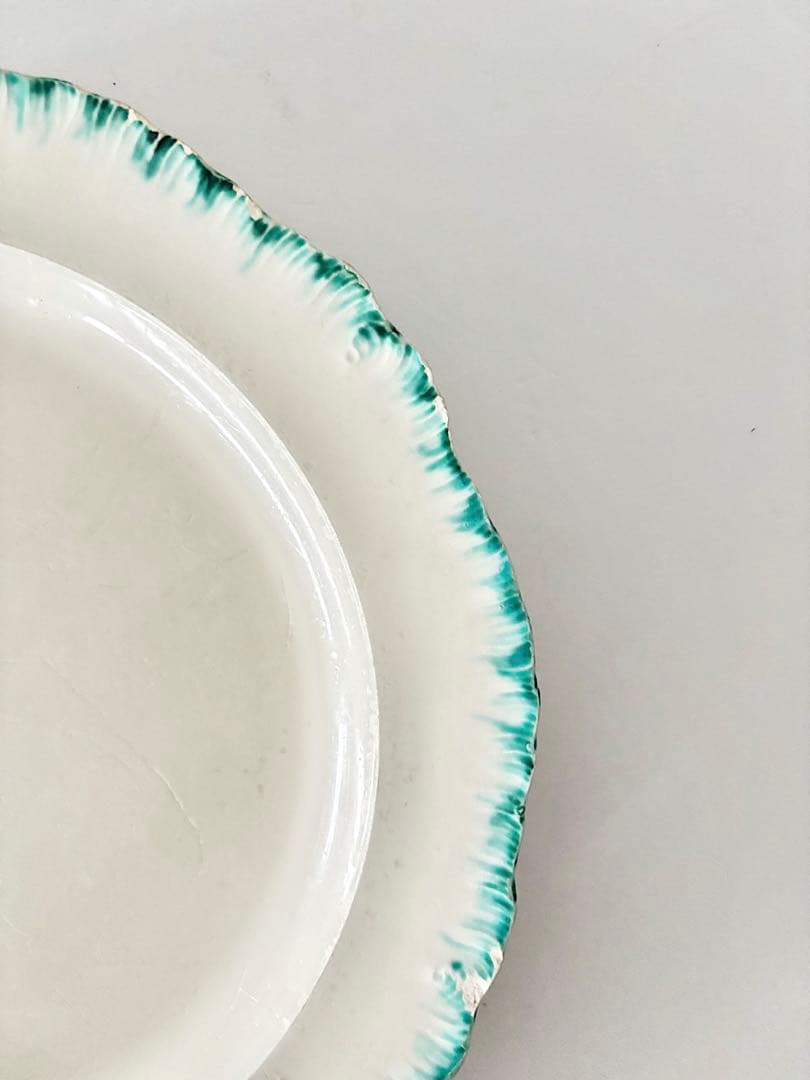 【フランスアンティーク】花　リム皿　1800年代　クレイユモントロー　グリーン