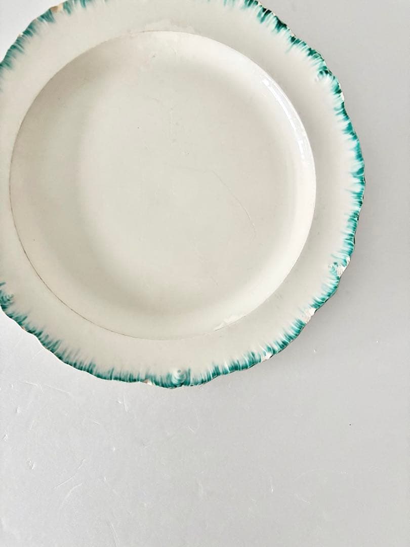 【フランスアンティーク】花　リム皿　1800年代　クレイユモントロー　グリーン