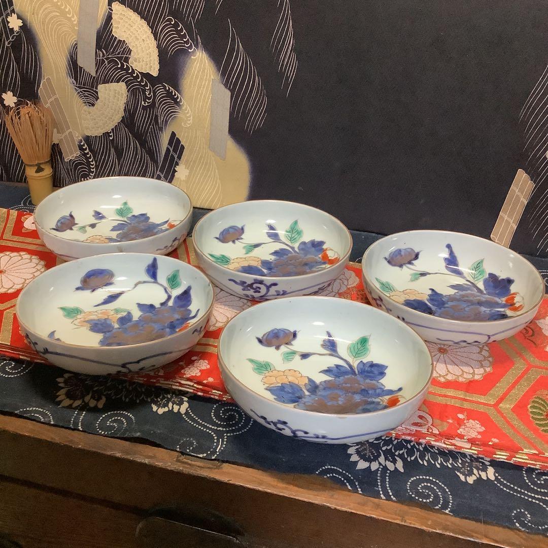 古伊万里　絵皿　江戸　金彩色絵　膾皿　花絵　5客　李朝・九谷焼・輪島塗好きに