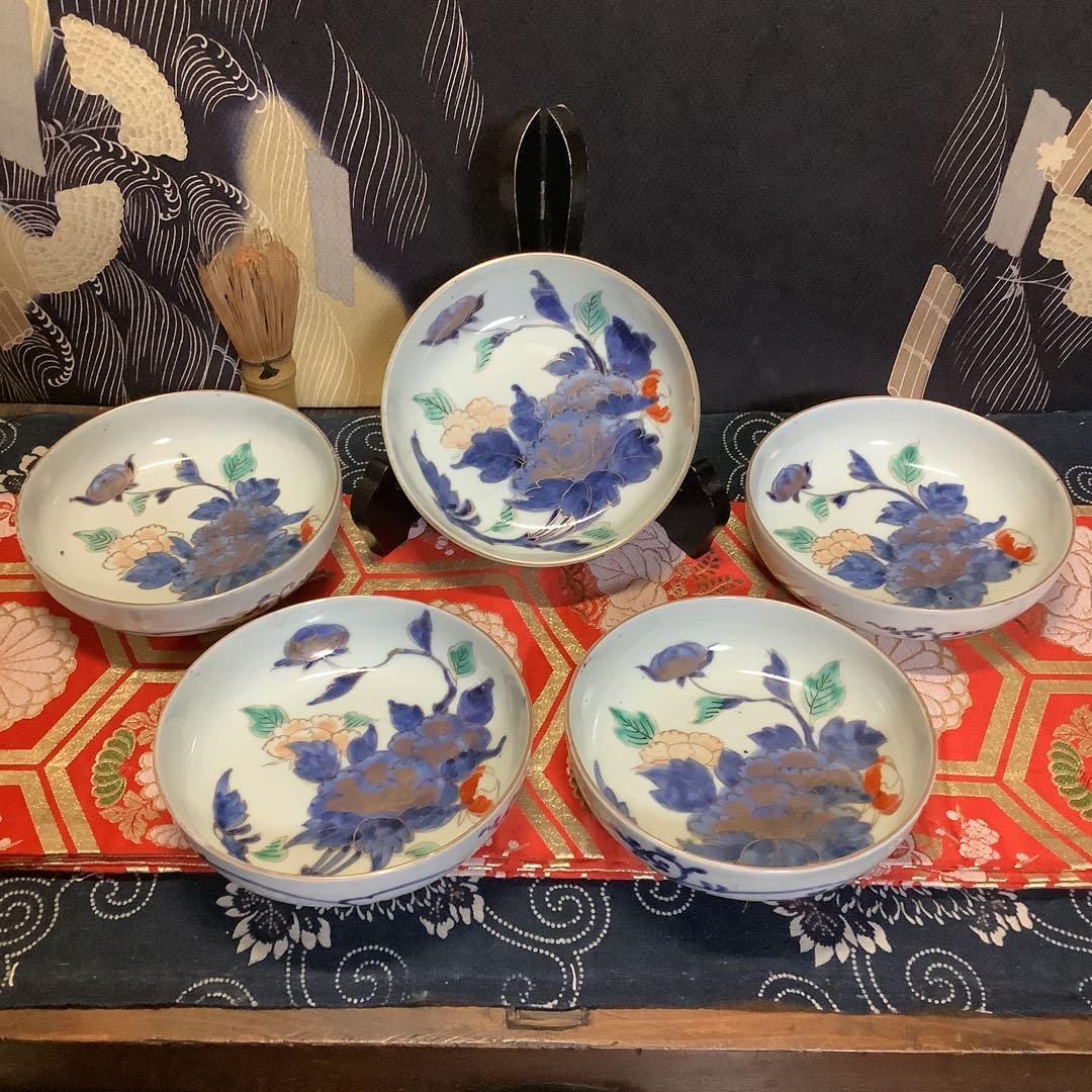 古伊万里　絵皿　江戸　金彩色絵　膾皿　花絵　5客　李朝・九谷焼・輪島塗好きに