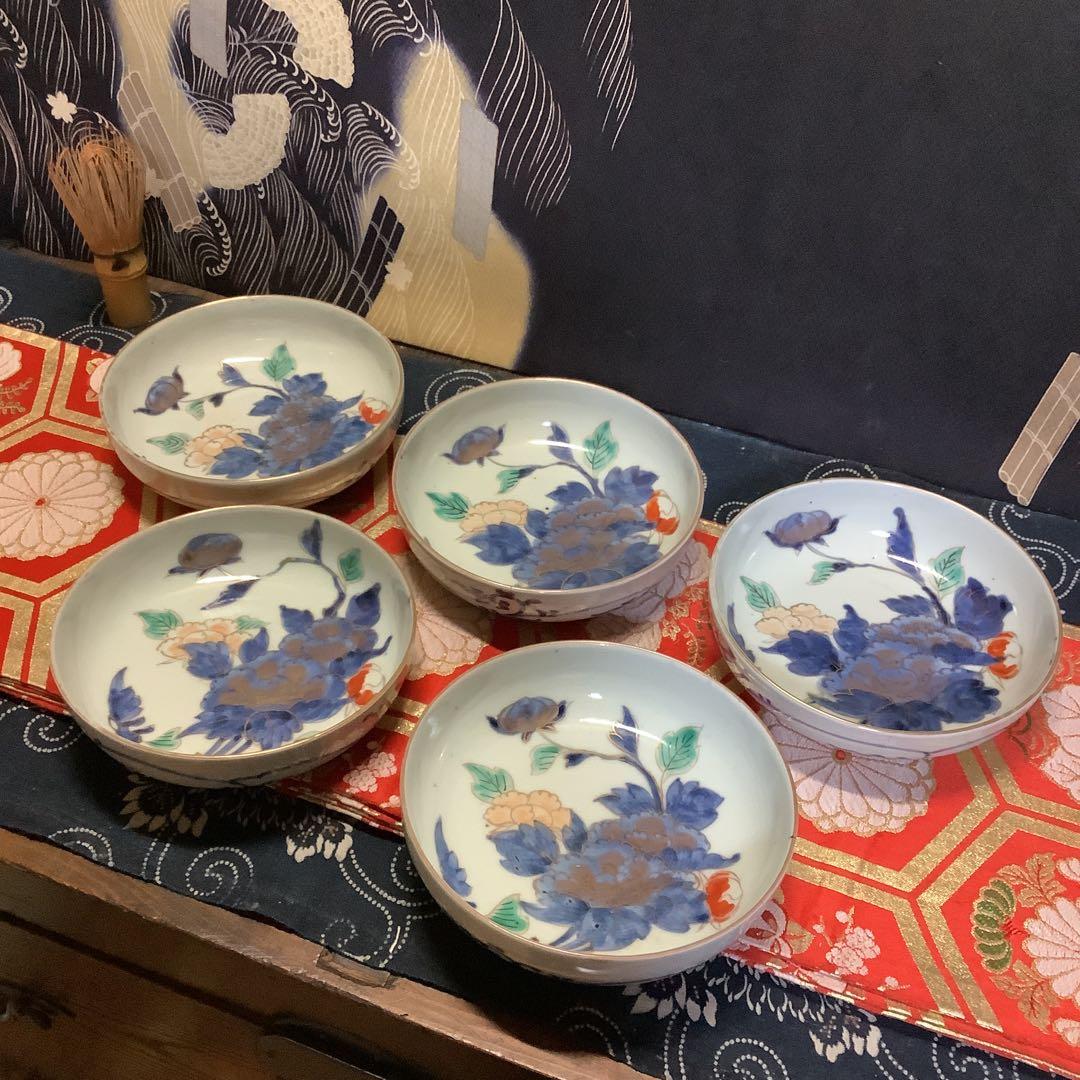 古伊万里　絵皿　江戸　金彩色絵　膾皿　花絵　5客　李朝・九谷焼・輪島塗好きに