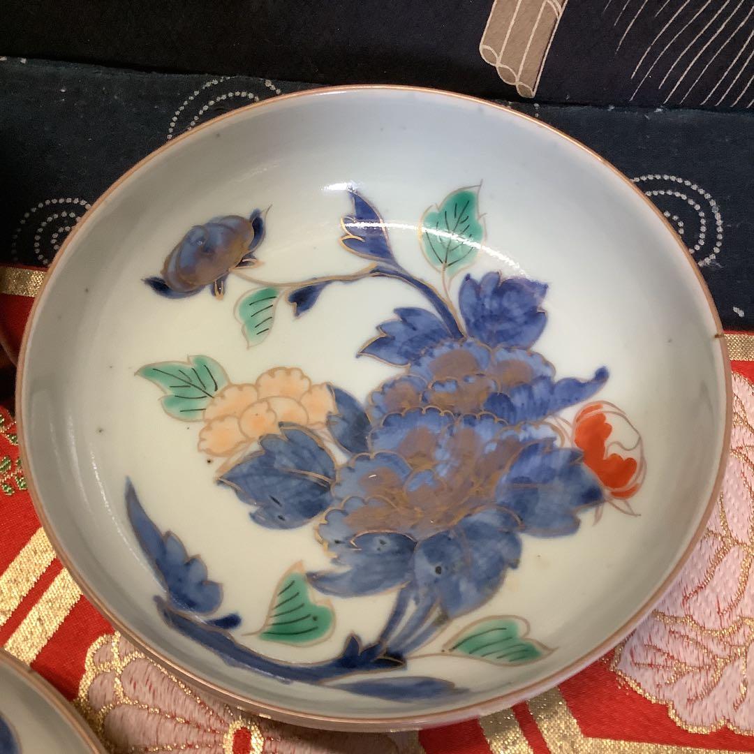 古伊万里　絵皿　江戸　金彩色絵　膾皿　花絵　5客　李朝・九谷焼・輪島塗好きに
