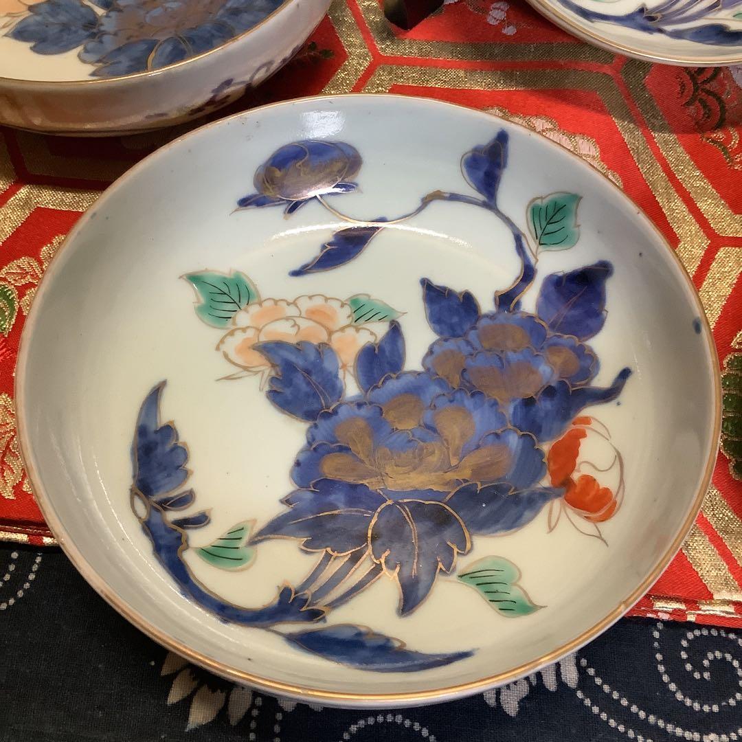 古伊万里　絵皿　江戸　金彩色絵　膾皿　花絵　5客　李朝・九谷焼・輪島塗好きに