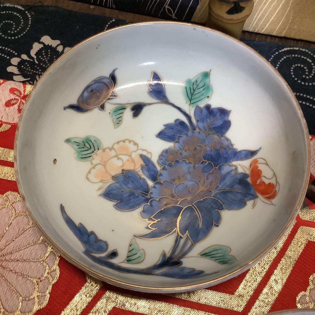 古伊万里　絵皿　江戸　金彩色絵　膾皿　花絵　5客　李朝・九谷焼・輪島塗好きに