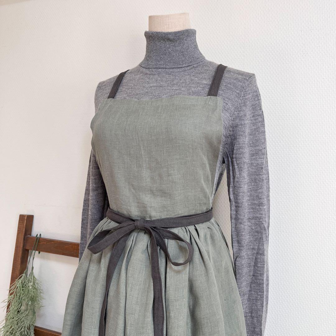 リネン　リベコオリーブxチャコールグレー　ギャザーエプロン