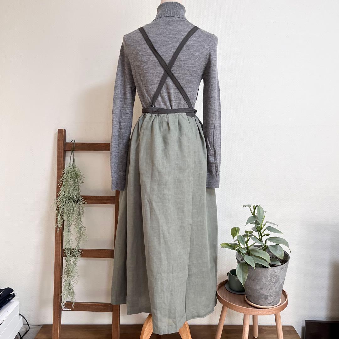リネン　リベコオリーブxチャコールグレー　ギャザーエプロン