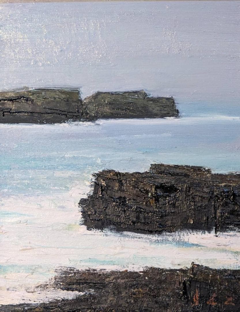 【真作】絵画　井田　油彩3号　荒磯の調べ　力強き海景　岩礁に響く波音　Y125