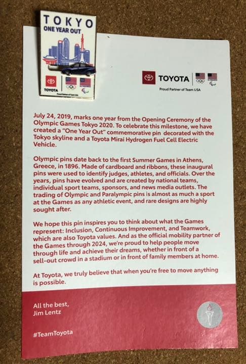 2020 東京オリンピック　スポンサー　TOYOTA ピンバッジ 開催1年前