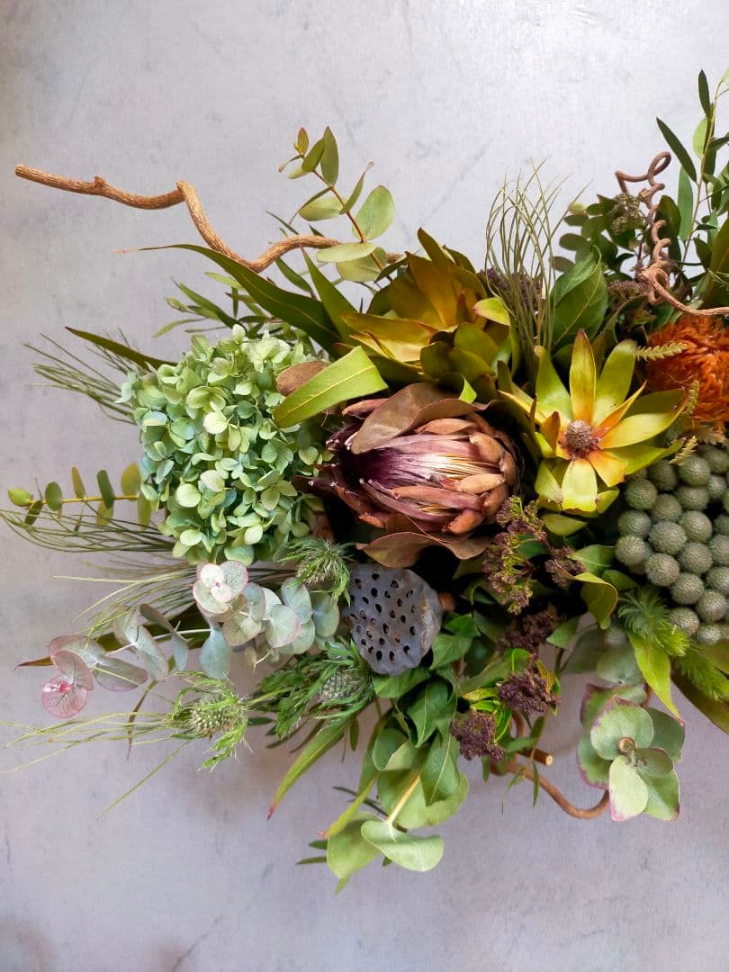 91.【春✕人気♡✕横長スワッグ】ドライフラワー ワッグ プレゼント プロテア