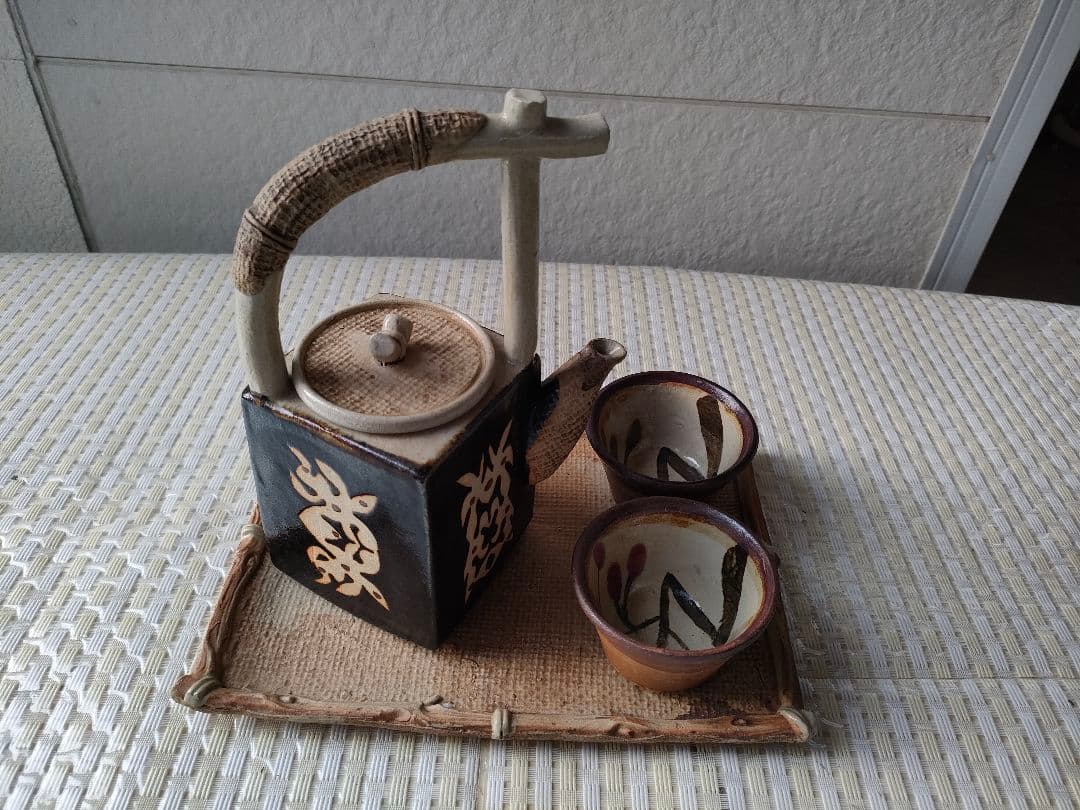 ●中国石湾虞公窯伝統手製陶芸品手描き陶器 茶器セット急須 湯呑み 2客 受皿付き