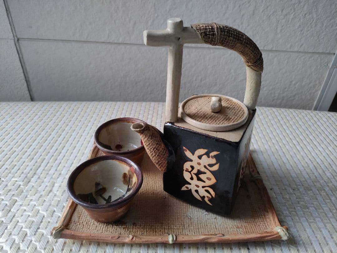 ●中国石湾虞公窯伝統手製陶芸品手描き陶器 茶器セット急須 湯呑み 2客 受皿付き