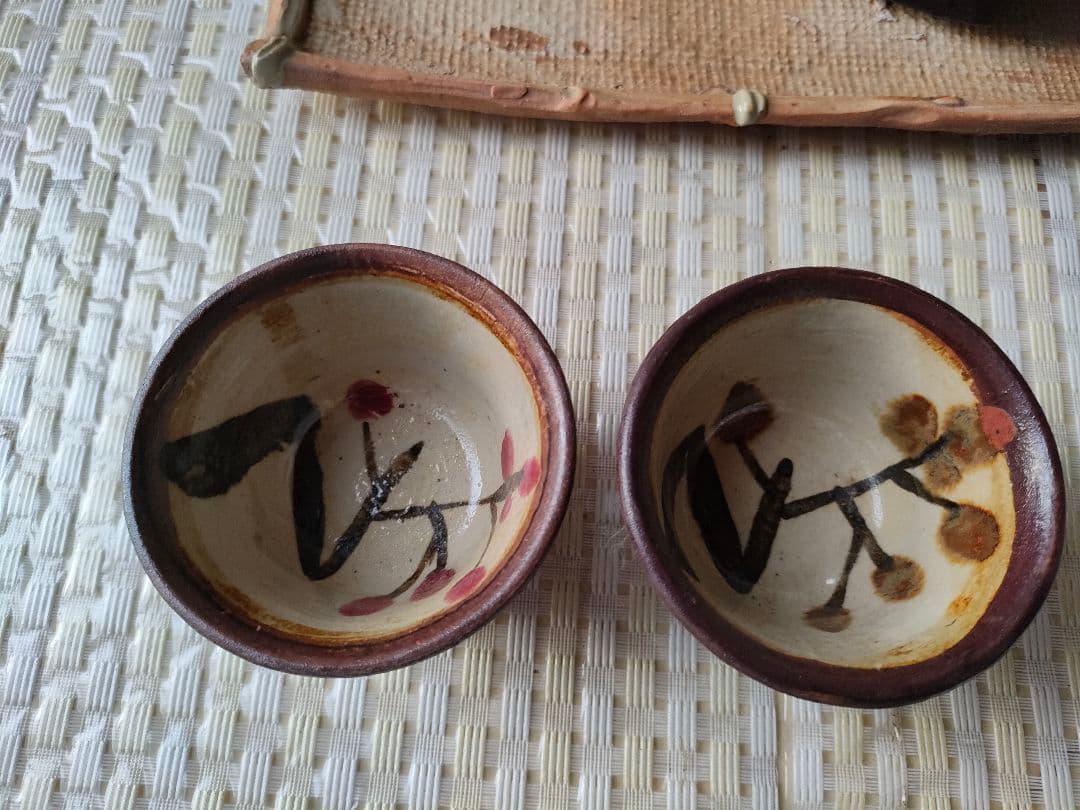 ●中国石湾虞公窯伝統手製陶芸品手描き陶器 茶器セット急須 湯呑み 2客 受皿付き