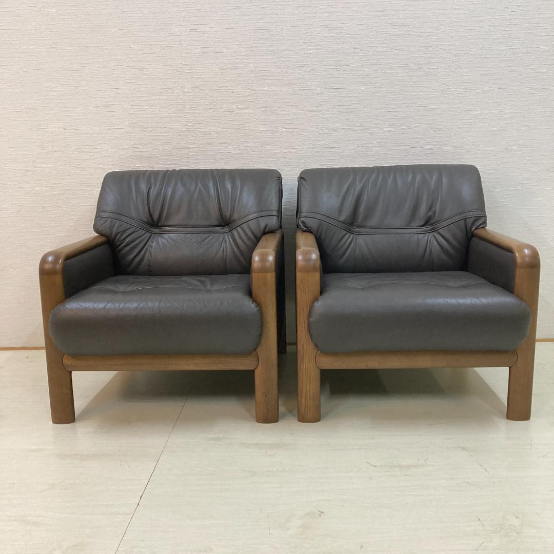 専用【カリモク】本革　一人掛けソファ　シングルソファ　2脚セット アームチェアA